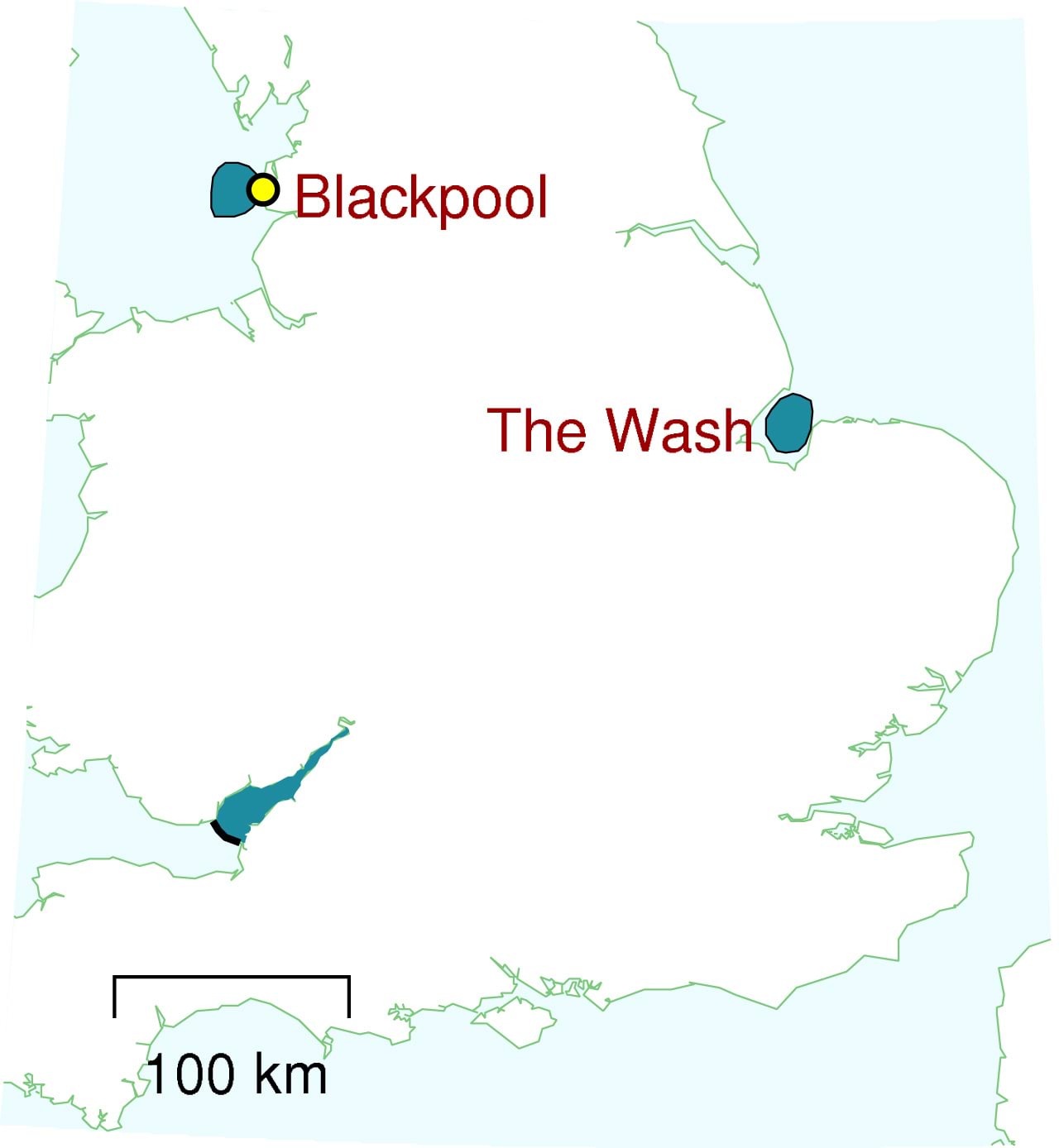 Kaks loodete lagooni, mõlemad pindalaga $400\, \mathrm{km^2}$, üks Blackpool'is, üks Wash'is