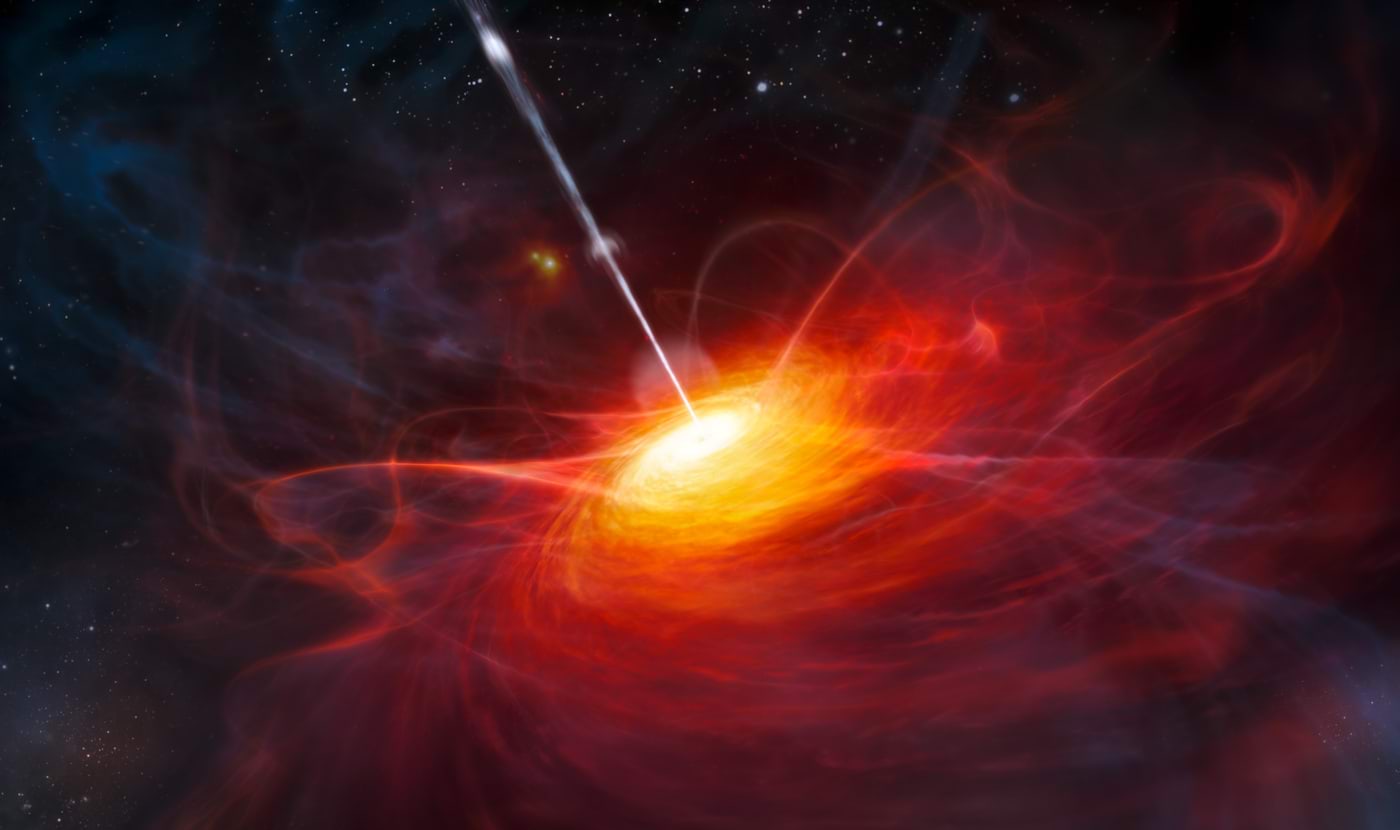 Kunstniku kujutlus kvasari ULAS J1120+0641 akretsioonikettast