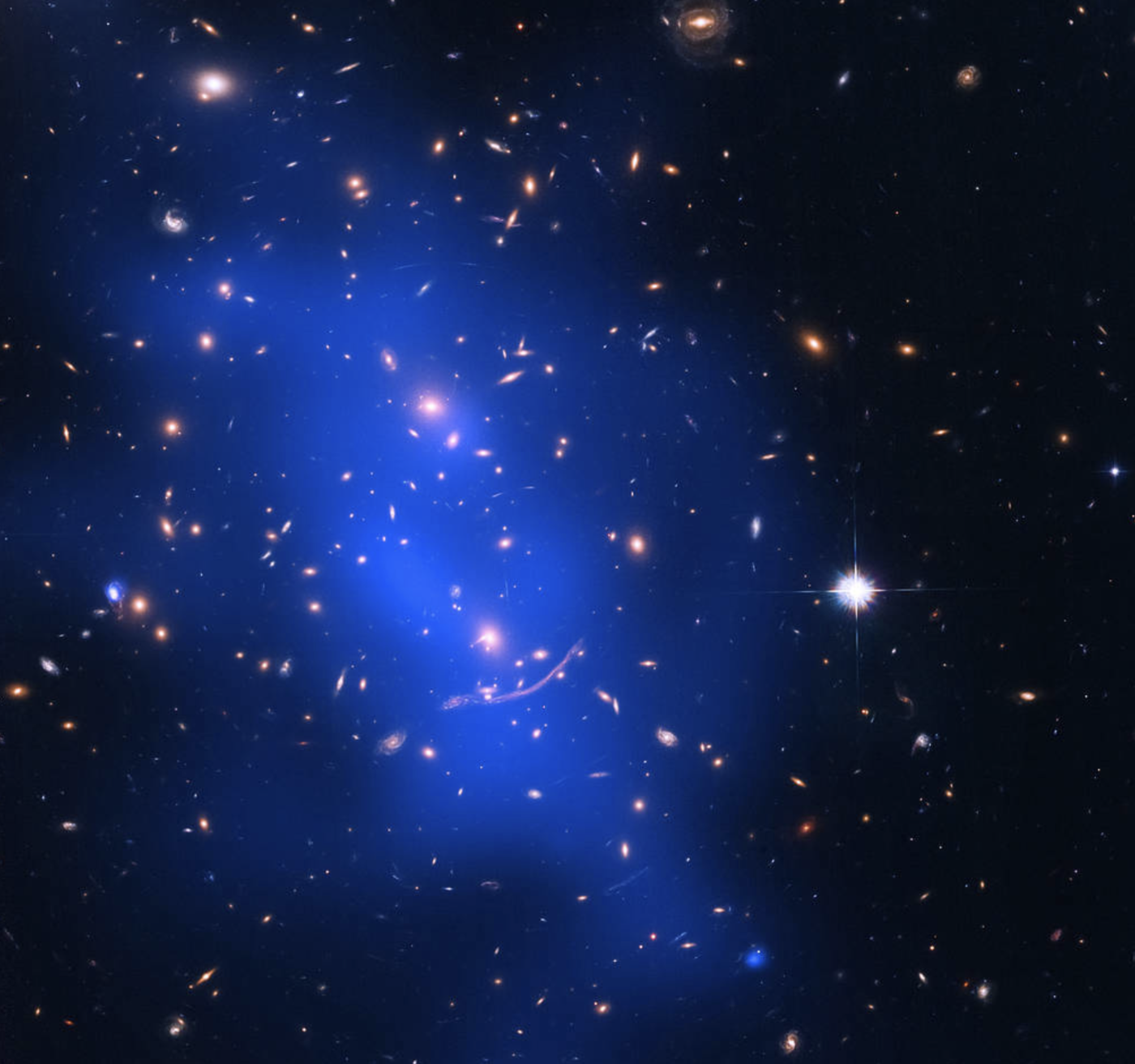 Kauge galaktikate parve optiline kujutis koos kuumalt gaasilt pärineva röntgenkiirgusega