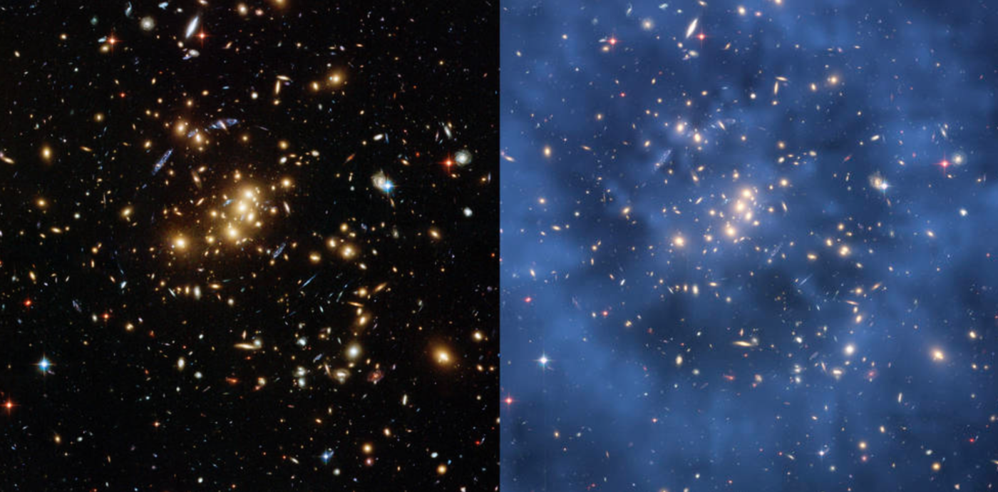 Hubble kosmoseteleskoobiga saadud pildil parve ZwCl 0024+1652 ümbrusest ja selle tumeaine jaotus