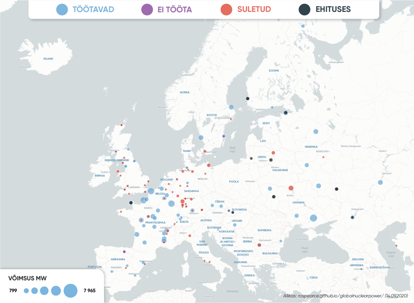 Tuumajaamad Euroopas. Allikas: rospearce.github.io/globalnuclearpower/ (14.09.2020)
