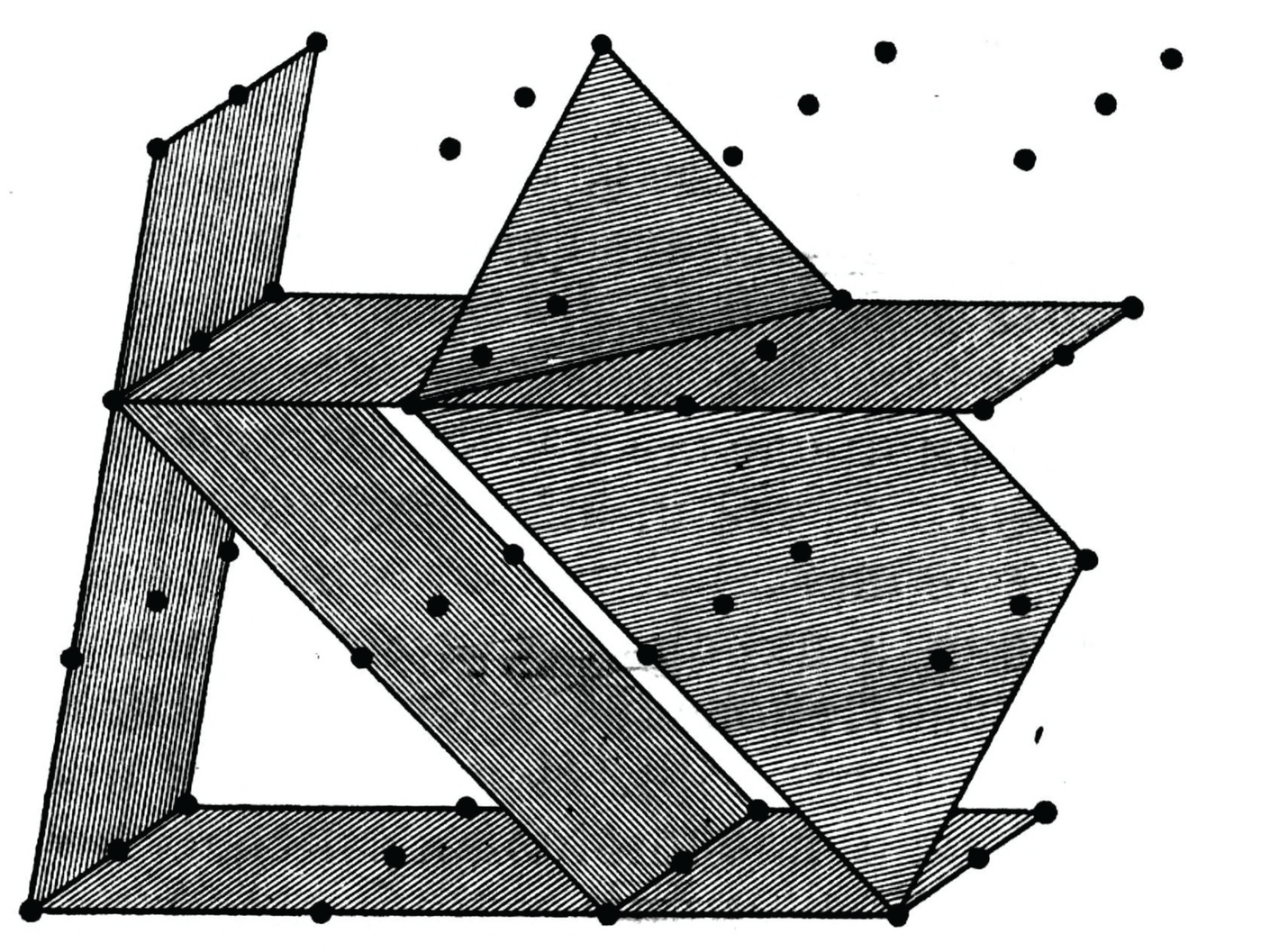 Joonis 43. Nii paiknevad tasandid kristallis. Näiteks on toodud lihtne kristall, mille ruumvõre igas punktis on üks aatom. On kujutatud mõned aatomeid läbivad eri orientatsiooniga tasandid.