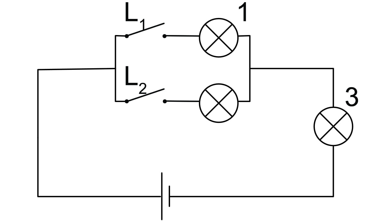 Vooluring kolme lambi ja kahe lülitiga