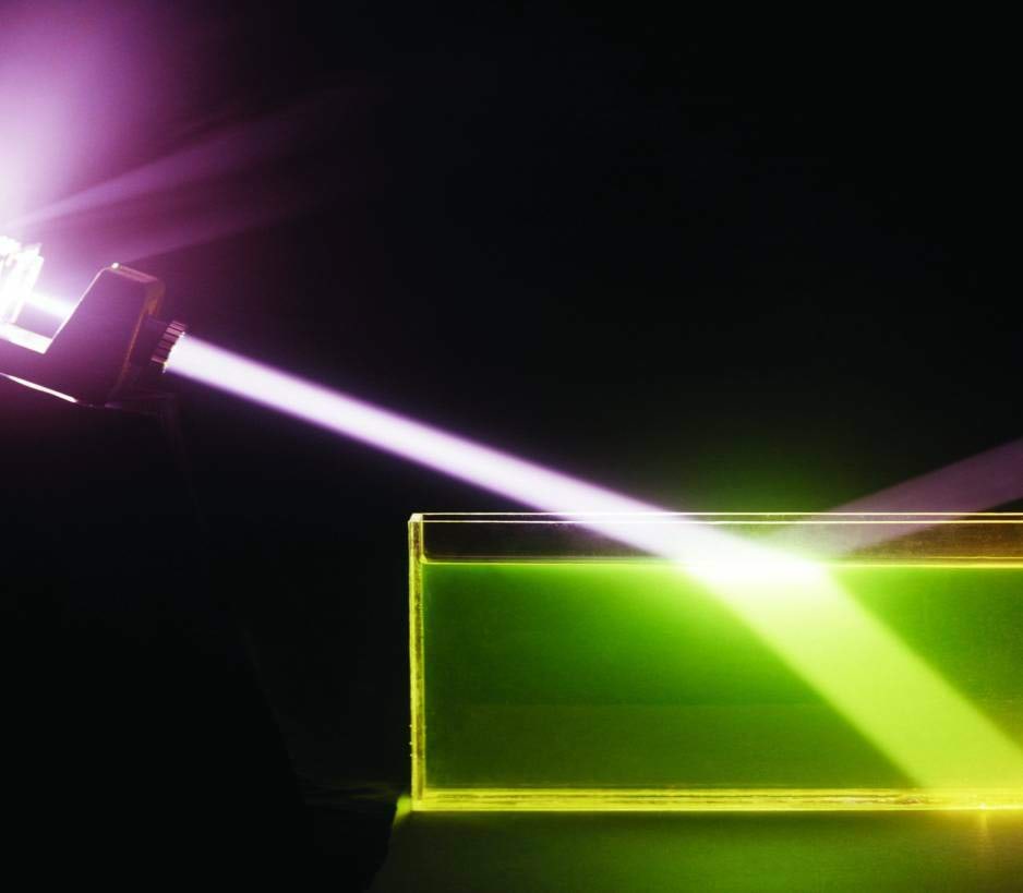 The beam is reflected and refracted on the horizontal surface of the water<br>